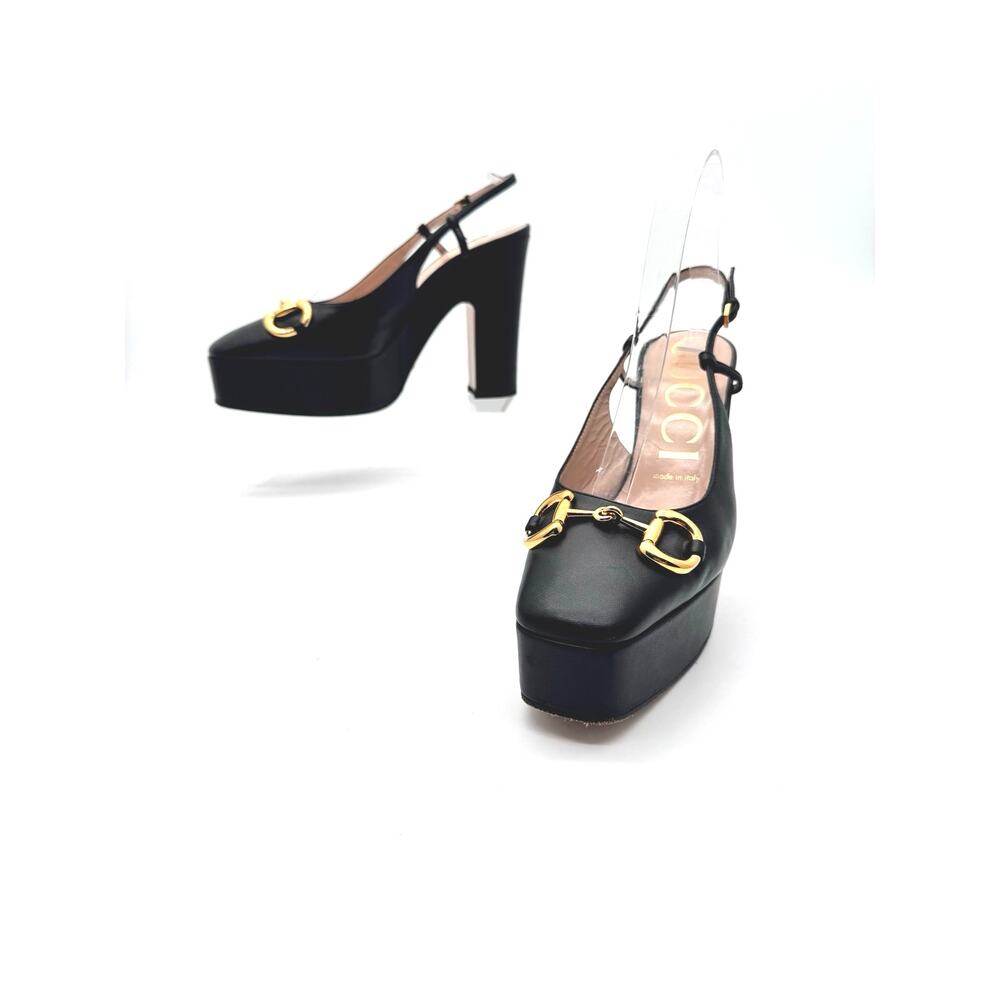 Gucci Horsebit Black Leather Platform Slingback Block Heel Pumps EU 39.5